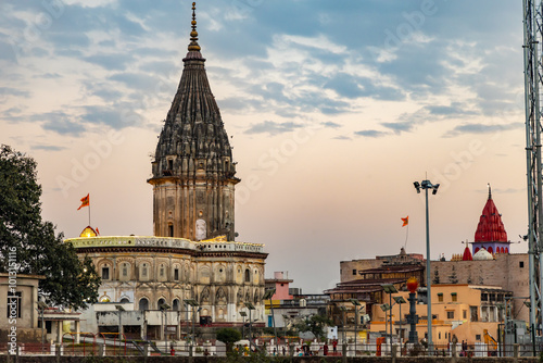 Sacred Hindu temple with its vibrant architecture and dramatic sky at evening from different angle photo