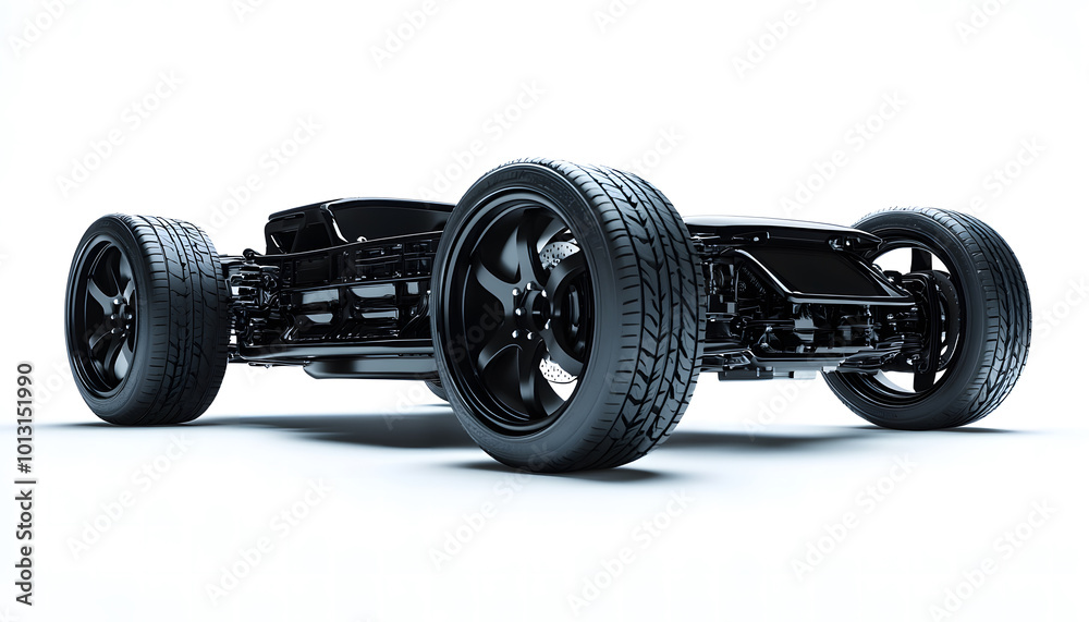 Black Car Chassis with Suspension and Tires on a White Background design Black Car Chassis with Suspension and Tires on a White Background design