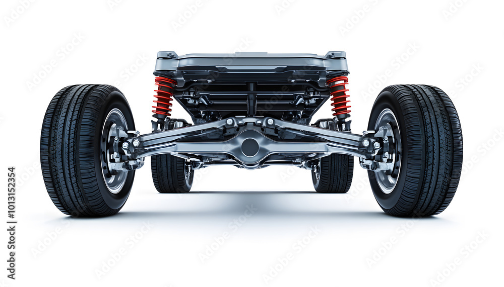 Black Car Chassis with Suspension and Tires on a White Background design Black Car Chassis with Suspension and Tires on a White Background design
