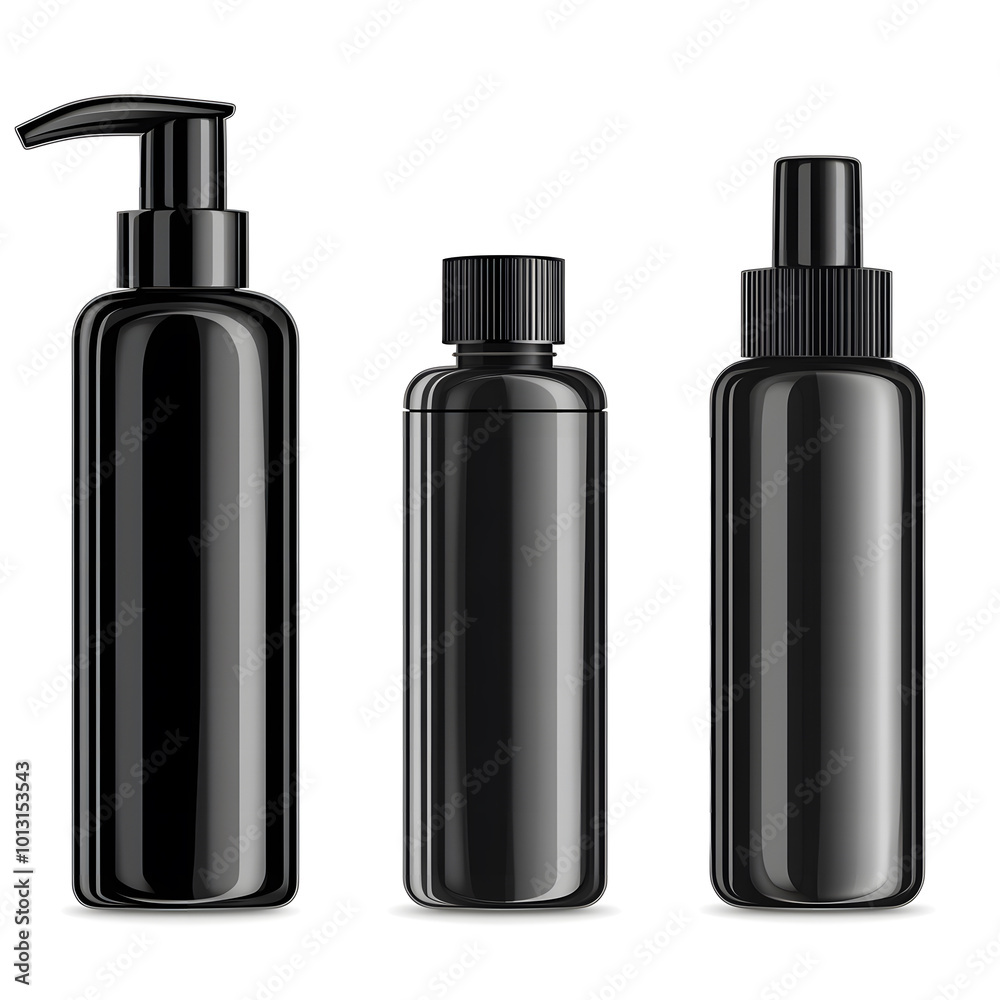 Black cosmetic bottle set, vector illustration on a white background design. Realistic, hyper-detailed style art design Black cosmetic bottle set, vector illustration on a white background design. Realistic, hyper-detailed style art design