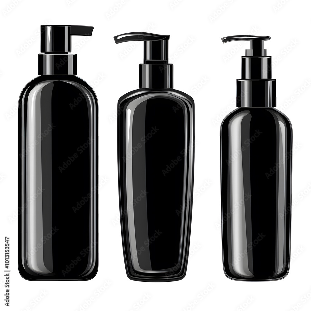 Black cosmetic bottle set, vector illustration on a white background design. Realistic, hyper-detailed style art design Black cosmetic bottle set, vector illustration on a white background design. Realistic, hyper-detailed style art design