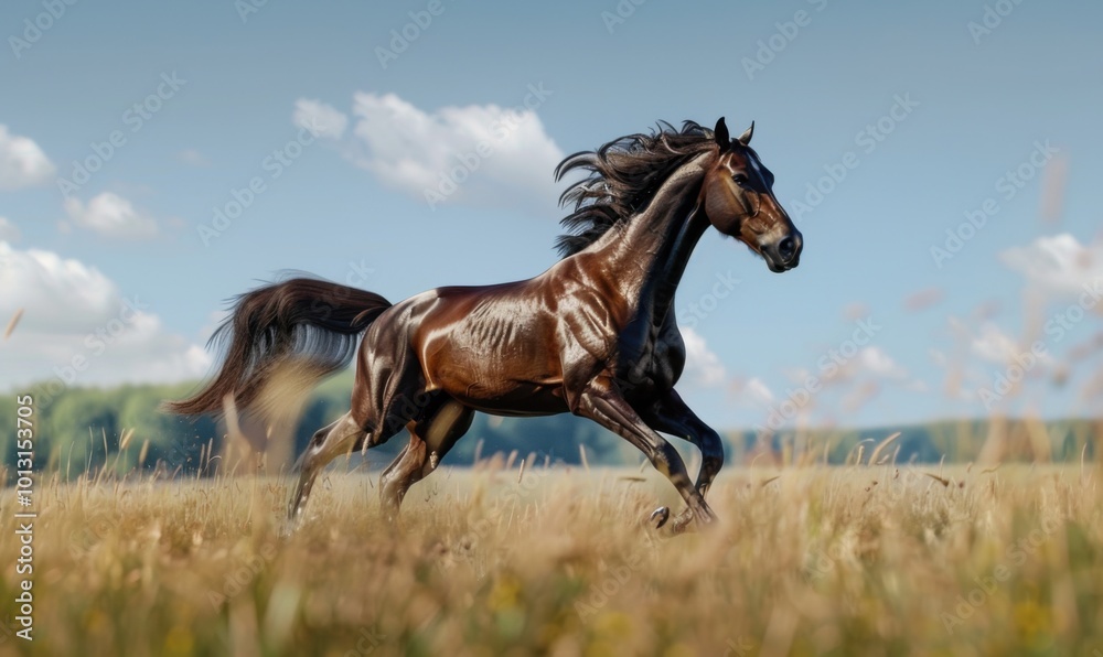 Majestic stallion galloping through an open field, 4K hyperrealistic photo.