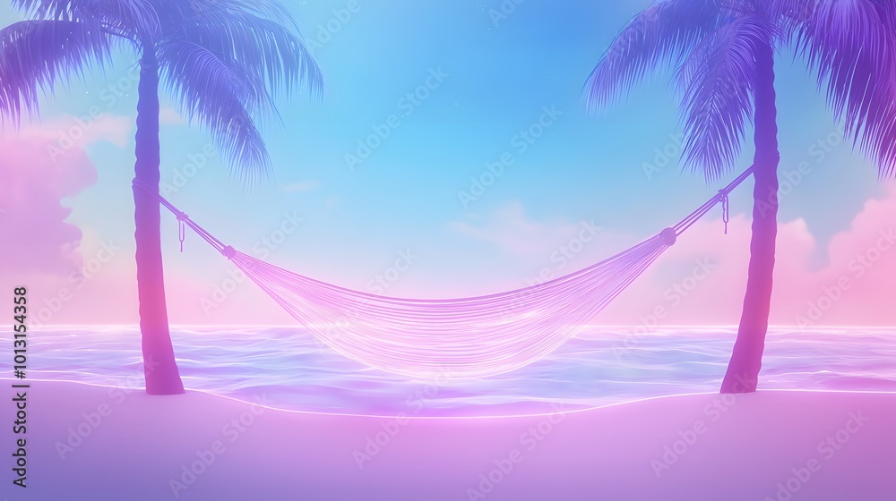 Fototapeta premium Serene Hammock Between Two Palm Trees at Sunset
