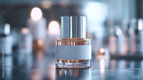 Serum bottle close-up, white label design, soft glass glow, clean simple background, product focus.