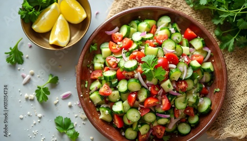 Fresh Kachumber Salad with Cucumbers, Tomatoes, and Onions (Pakistani Cuisine) photo