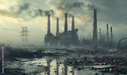 Cracked chimneys stand sentinel over the skeletal remains of the abandoned factory, framed by a desolate industrial landscape, 4K hyperrealistic photo