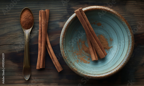 Cinnamon sticks on a textured wooden background. Cinnamon roll. Spicy spice for baking, desserts and drinks. Fragrant ground cinnamon. cinnamon powder Close-up. Place for text. copy space