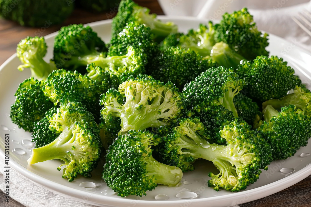 A plate of fresh broccoli florets, showcasing their vibrant green color and healthy appeal, perfect for a nutritious meal. A plate of fresh broccoli florets, showcasing their vibrant green color and healthy appeal, perfect for a nutritious meal.