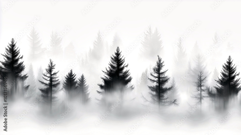 Obraz premium Pine trees emerging from fog in black and white