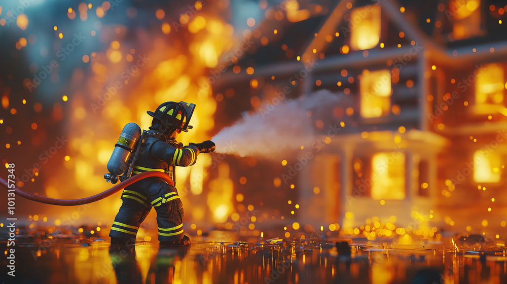 A firefighter is spraying water on a fire