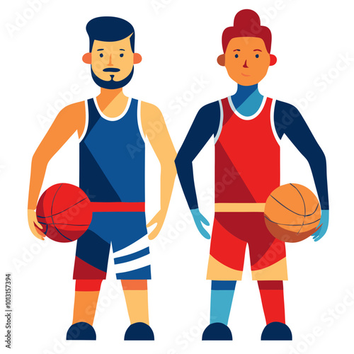 Basketball Rivals:  Two basketball players, one in red and one in blue, stand ready for the game, their determination and focus evident in their poses.