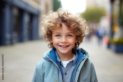 Portrait of a cute little boy with curly hair on the street