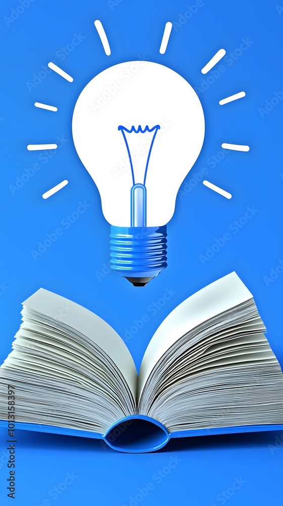 Open Textbook with Light Bulb Above in Blue Background Open Textbook with Light Bulb Above in Blue Background
