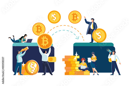 Financial banking operations, money transfers, favorable offers with gold coins, dollars. Bank employees describe the recalculation of income. Business, people businessman teamwork.Vector illustration
