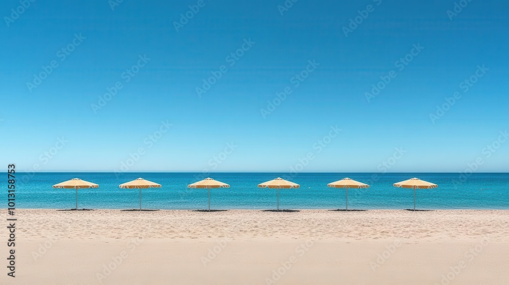 Fototapeta premium A serene beach landscape featuring yellow umbrellas lined up against a clear blue sky and calm sea.