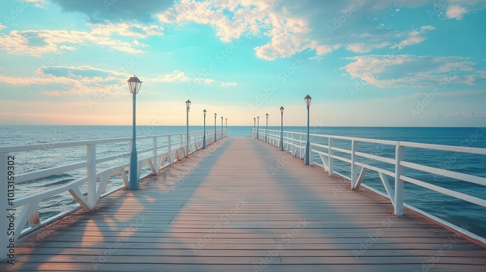 Fototapeta premium A serene wooden pier extending into a tranquil ocean, surrounded by soft clouds and gentle waves, ideal for peaceful retreats.