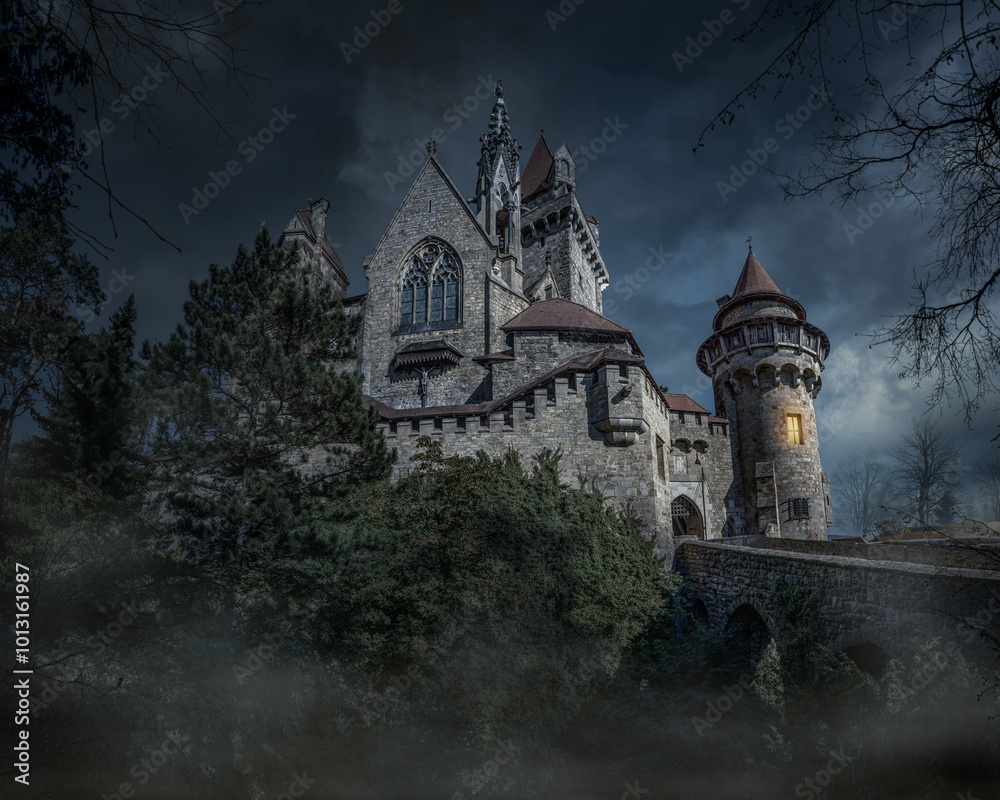 Old haunted abandoned castle in the woods