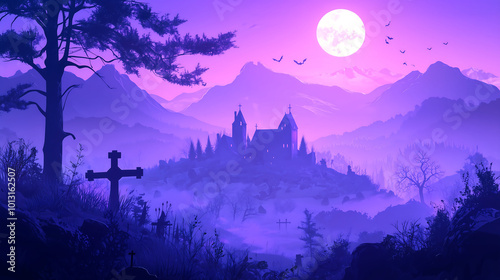 purple misty mountain landscape with an old Gothic castle in the distance