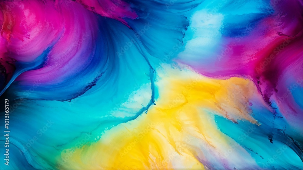 Abstract background, flowing waves of vibrant colors intertwine, watercolor style, hues of magenta, teal, and yellow dominate, overlapping, gradient transitions, dynamic movement, textural drips, spla