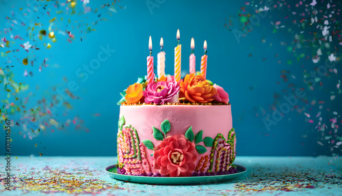 birthday, cake, candle, party, celebration, new, pink, colorful, food, candles, sweet, close up, closeup, copy space, happy, anniversary, card, design, with, on, flowers, invitation, rose, ad, banner, photo