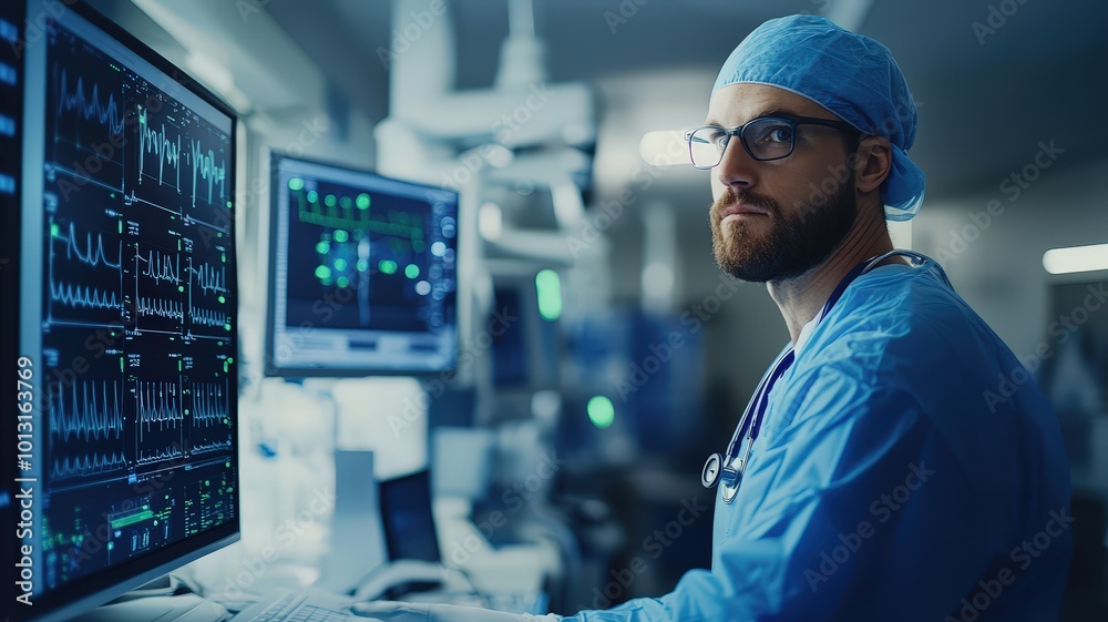 A healthcare professional analyzing data on medical monitors in a hospital environment, showcasing dedication to patient care. A healthcare professional analyzing data on medical monitors in a hospital environment, showcasing dedication to patient care.