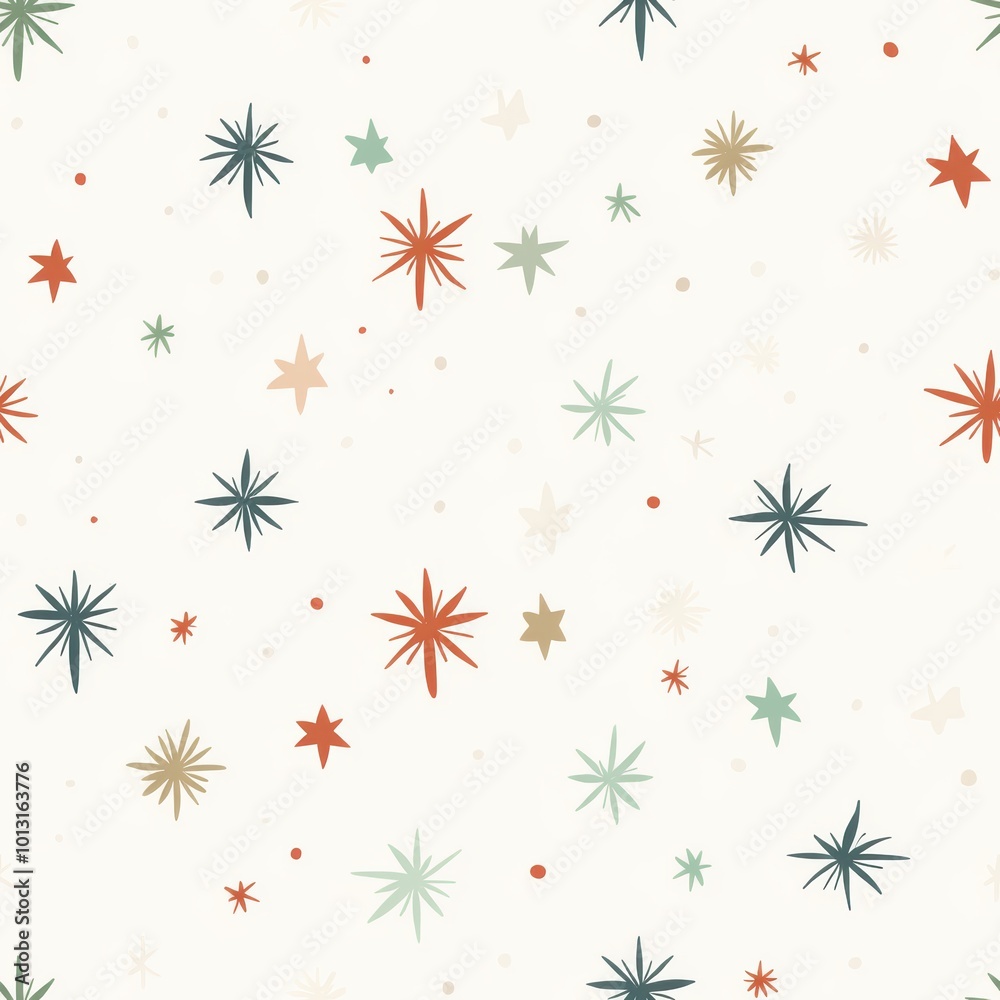 Simple doodle snowflakes and stars, seamless pattern with soft colors Simple doodle snowflakes and stars, seamless pattern with soft colors