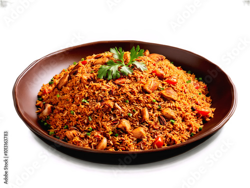 Jollof Rice vibrant plate of one pot jollof rice flavored with tomatoes onions and spices