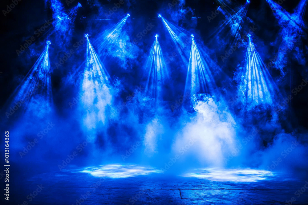 Fototapeta premium A dramatic stage scene with blue lighting and fog, creating an atmospheric setting for a performance or event.