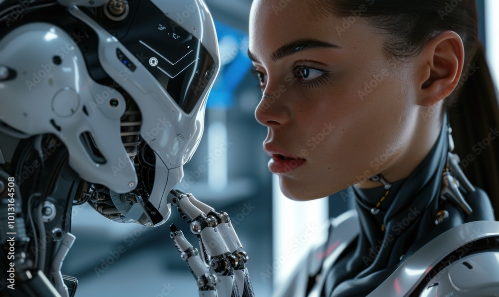 Fototapeta premium Android assistant with empathetic programming and human-like gestures, 4K hyperrealistic photo