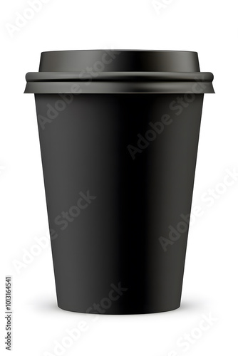 Black paper coffee cup, front view, white background, high resolution, product photography style, high detail, hyper-realistic design, hyper-detailed rendering design, soft shadows design