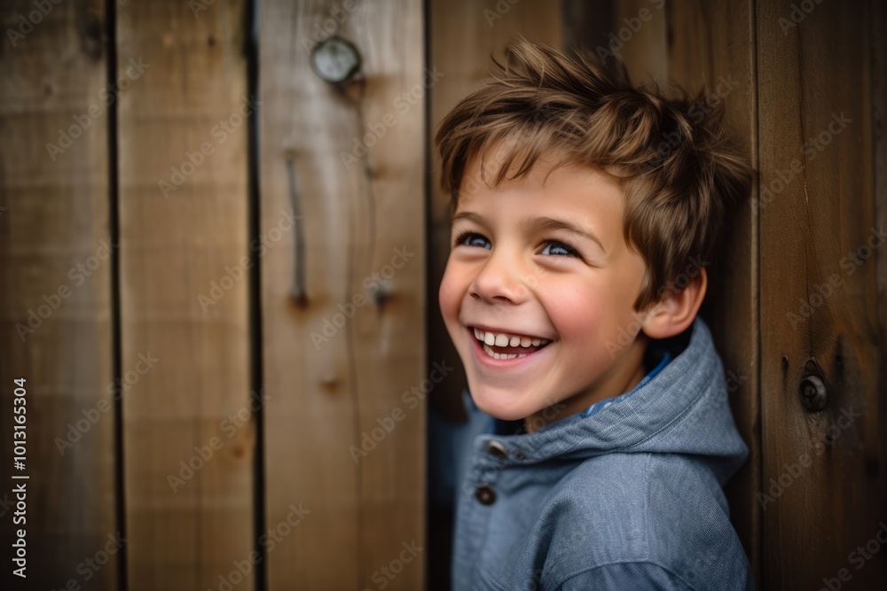 Portrait of a cute little boy smiling in front of a wooden wall Portrait of a cute little boy smiling in front of a wooden wall