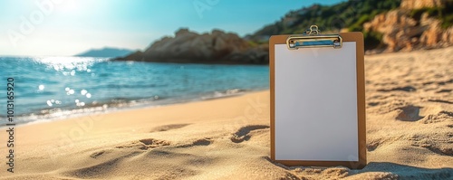 A blank clipboard rests on a sandy beach, surrounded by serene waters and rocky terrain, ideal for creative projects. photo