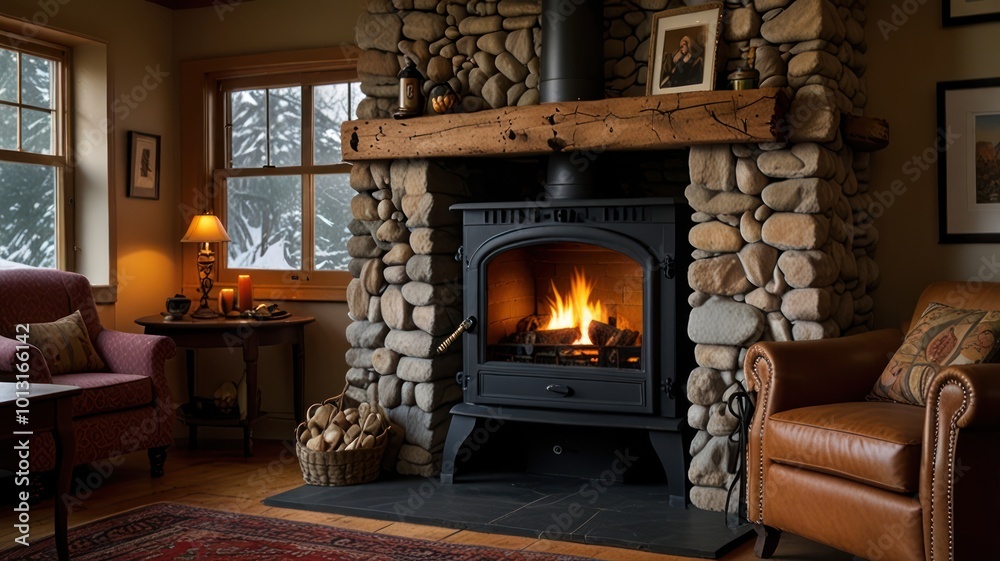 Cozy living room with a fireplace, two armchairs, a rug, and a window with a view of a snowy forest.