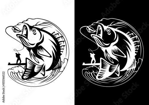  Fisherman catching fish line art black white icon silhouette vector outline illustration