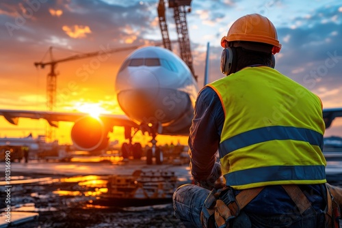 An airport worker in a high-vis vest observes an airplane during pre-flight preparations as the sun sets, highlighting coordination and transportation themes. photo