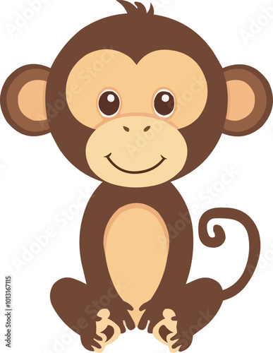 Cute monkey icon flat on white isolated background, vector design.