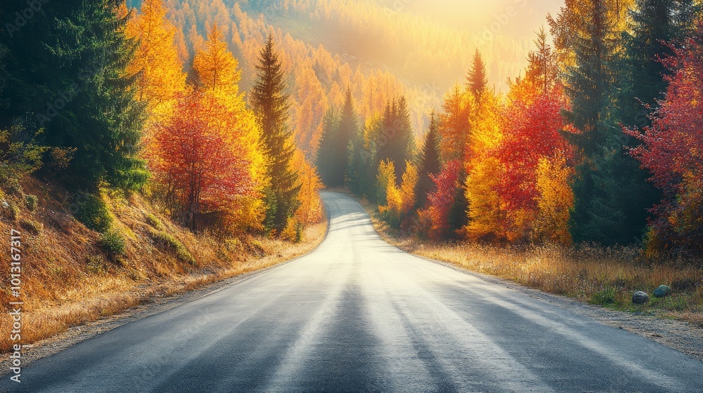 A winding paved road through a forest with autumn leaves in vibrant colors, sunlight shining through the trees.