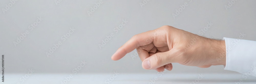 Businessman hand pointing on virtual screen, business and technology background, copy space banner, ultra realistic detailed style.