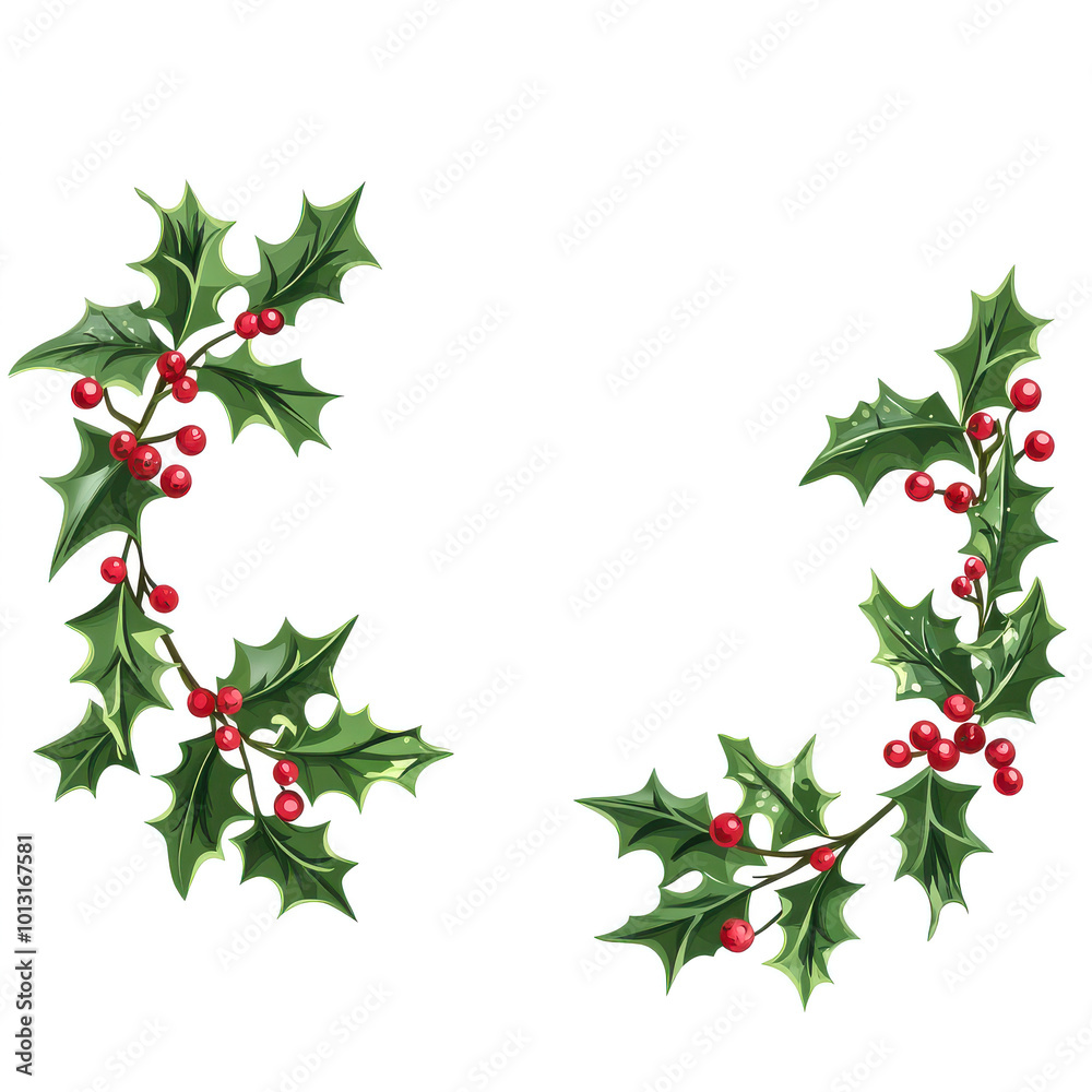 Frame with Holly Berry and Leaves, Watercolor Frame with Holly Berry and Leaves, Watercolor