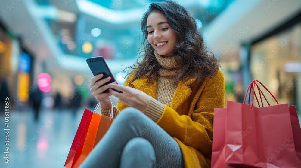 Young woman sitting in a mall with shopping bags and using her phone Young woman sitting in a mall with shopping bags and using her phone