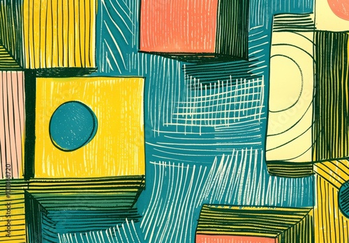 Abstract Hand Painted Pattern Featuring Pastel Squares in Blue Yellow Pink