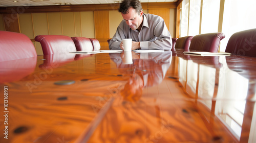 Man sitting alone at large empty conference table with sad expression, symbolizing corporate breakup amidst scattered documents and half-empty coffee cup photo