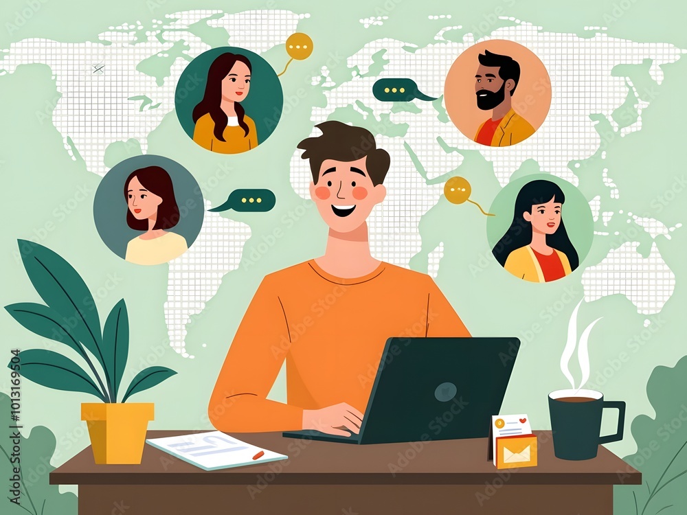 A illustration depicting a person working a laptop remotely, connected virtually meeting with multiple people from different locations around the world. A illustration depicting a person working a laptop remotely, connected virtually meeting with multiple people from different locations around the world.