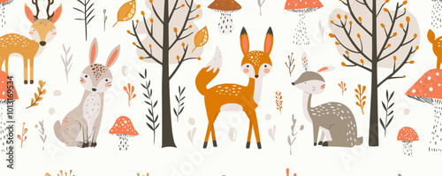 Cute woodland animals like foxes, deer, and rabbits among trees and mushrooms, flat, vector illustration, seamless pattern background design.