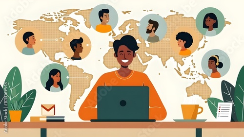 A illustration depicting a person working a laptop remotely, connected virtually meeting with multiple people from different locations around the world. 