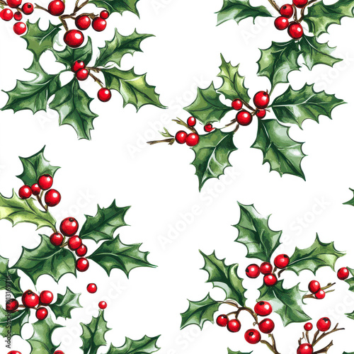 Seamless Pattern with Holly Leaves on White Background