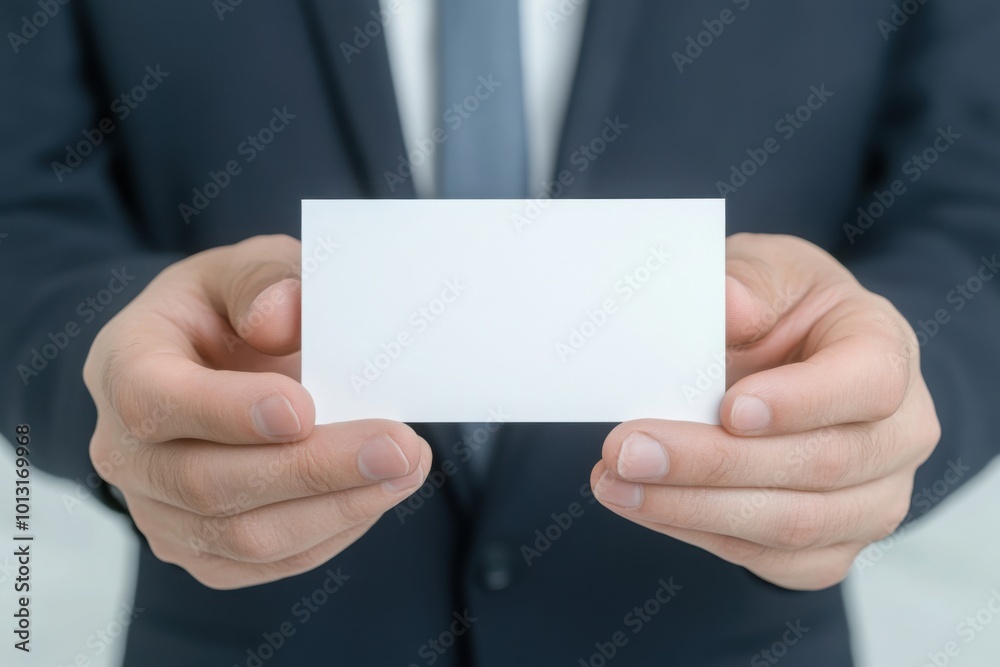 A businessman in a suit holds out his hand with blank white or transparent paper cards for you to copy space text or message on it. A businessman in a suit holds out his hand with blank white or transparent paper cards for you to copy space text or message on it.