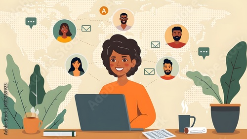 A illustration depicting a person working a laptop remotely, connected virtually meeting with multiple people from different locations around the world. 
