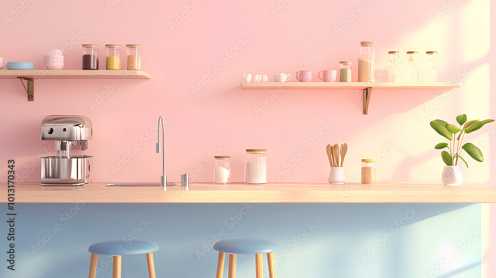 Light home kitchen interior with bar counter, sink and kitchenware with shelves 