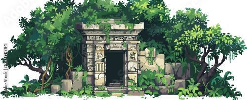 Depict a pixelated ancient temple in the jungle, pixel art on white isolated background, vector design.